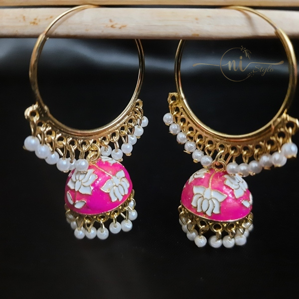 Meenakari Hoop Jhumka Pink