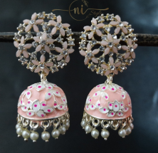 Floral Stone Meenakari Big Jhumka Peach
