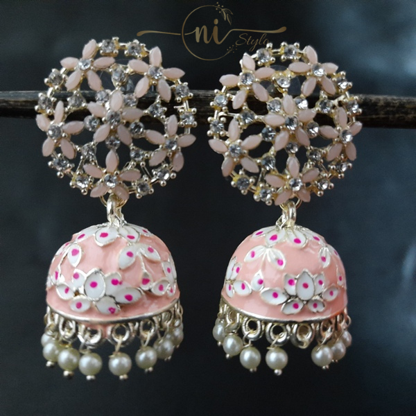 Floral Stone Meenakari Big Jhumka Peach