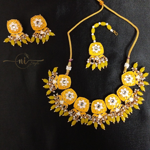 Meenakari Square Necklace Set with Mangtika Yellow