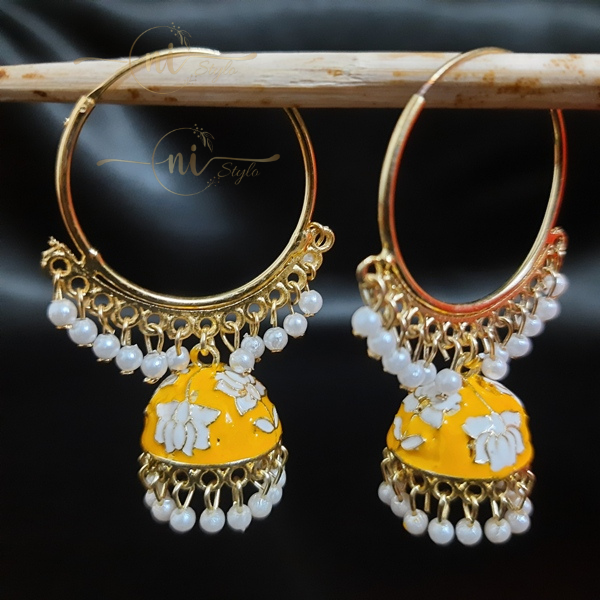 Meenakari Hoop Jhumka Yellow