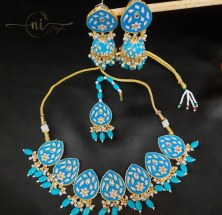 Meenakari Tear Drop Necklace Set with Mangtika Sky Blue