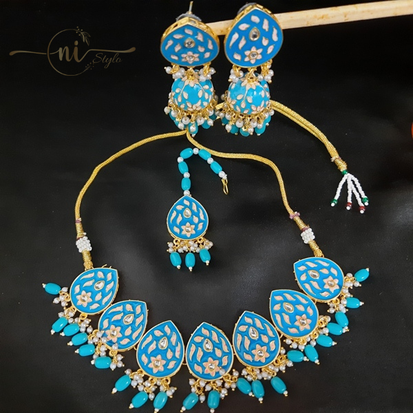 Meenakari Tear Drop Necklace Set with Mangtika Sky Blue