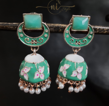 Meenakari Rectangle Crystal Jhumka Mint Green