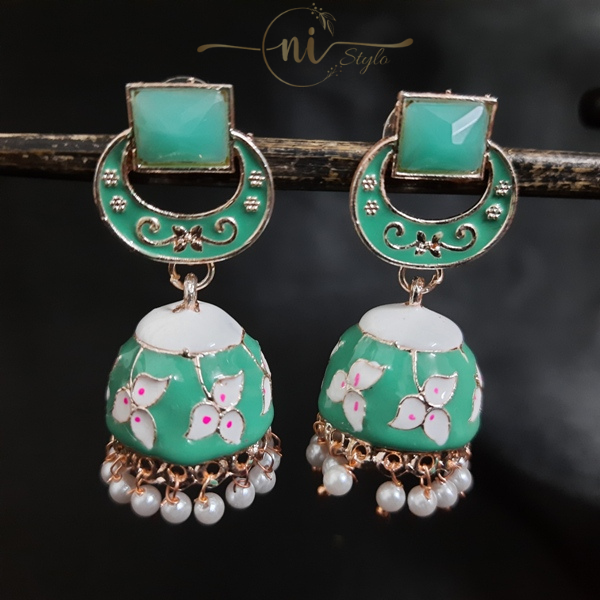 Meenakari Rectangle Crystal Jhumka Mint Green