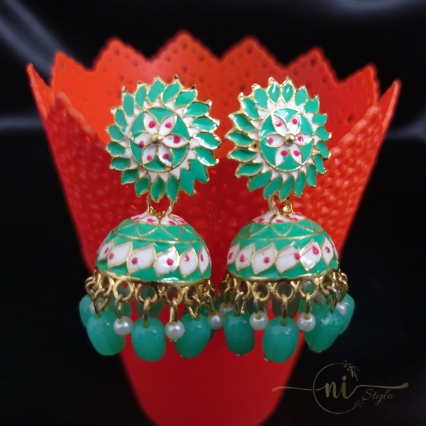 Round Meenakari Jhumka Mint Green