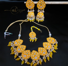Meenakari Tear Drop Necklace Set with Mangtika Yellow