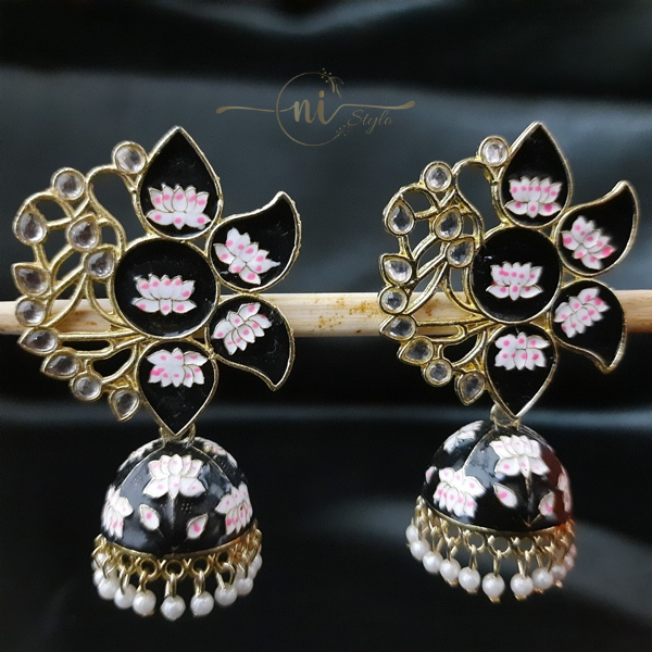 Half Lotus Meenakari Jhumka Black