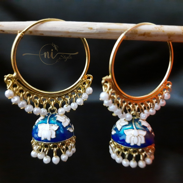 Meenakari Hoop Jhumka Blue