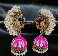 Beaded Peacock Meenakari Jhumka Magenta