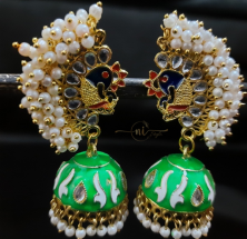 Beaded Peacock Meenakari Jhumka Parrot Green