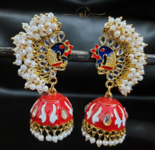 Beaded Peacock Meenakari Jhumka Red