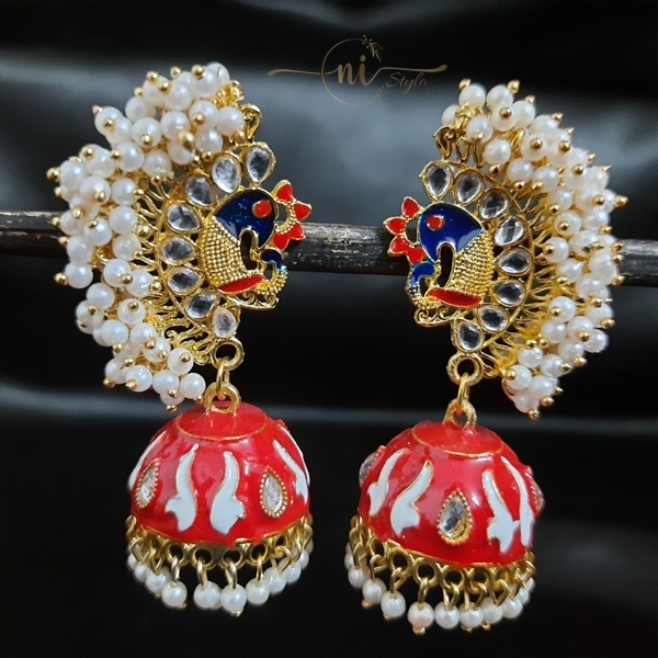 Beaded Peacock Meenakari Jhumka Red
