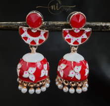 Meenakari Circle Crystal Jhumka Red