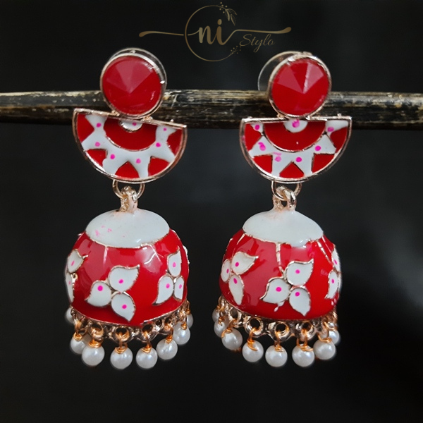 Meenakari Circle Crystal Jhumka Red