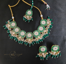 Meenakari Square Necklace Set with Mangtika Dark Green