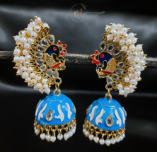 Beaded Peacock Meenakari Jhumka Blue