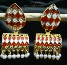 Rectangular Dome Shaped Meenakari Jhumki Red