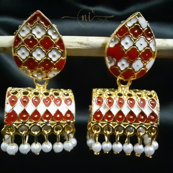 Rectangular Dome Shaped Meenakari Jhumki Red