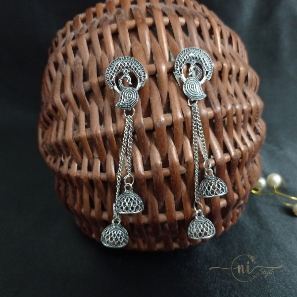 Peacock Oxidised Layered Medium Jhumki Dangler