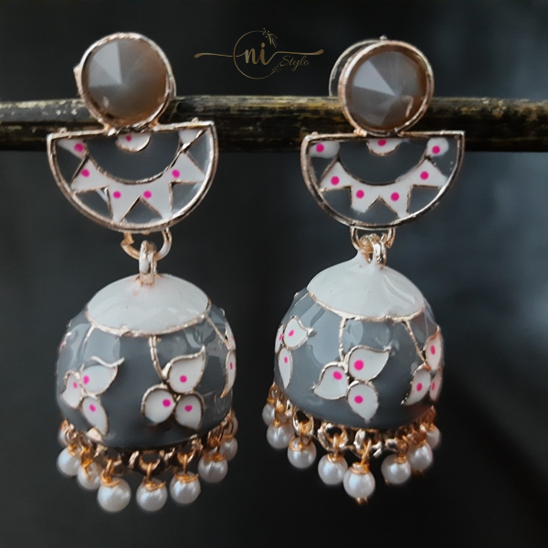 Meenakari Circle Crystal Jhumka Grey