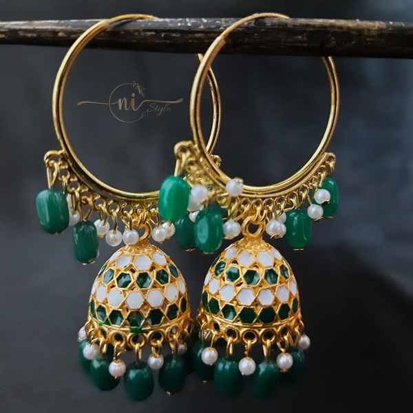 Meenakari Hoop Jhumka Dark Green