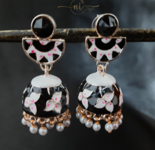 Meenakari Circle Crystal Jhumka Black