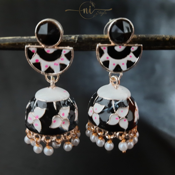 Meenakari Circle Crystal Jhumka Black