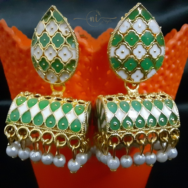 Rectangular Dome Shaped Meenakari Jhumki Light Green