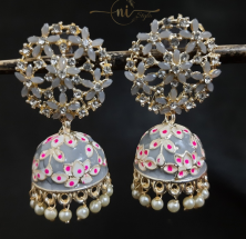 Floral Stone Meenakari Big Jhumka Grey