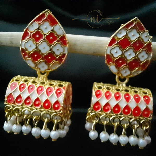 Rectangular Dome Shaped Meenakari Jhumki Orange