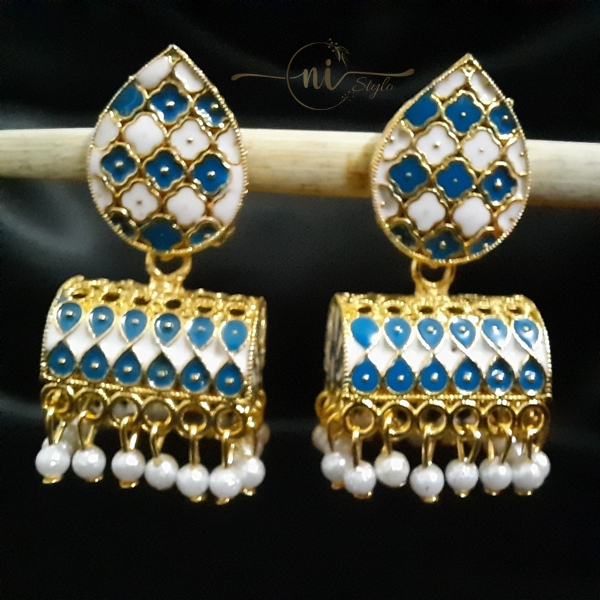 Rectangular Dome Shaped Meenakari Jhumki Blue