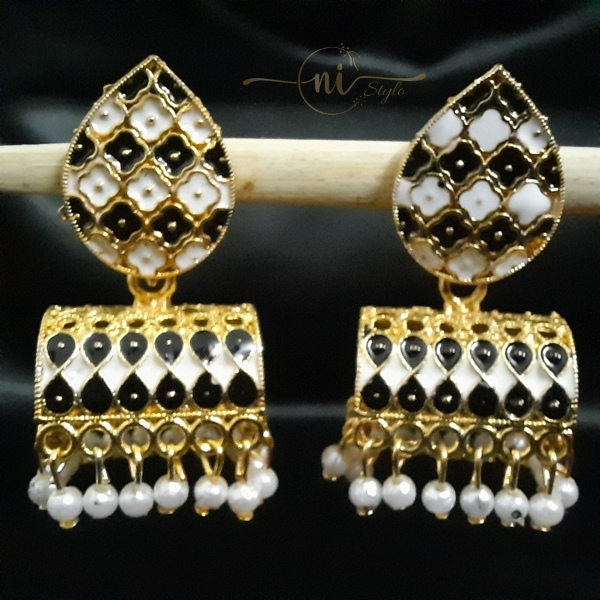 Rectangular Dome Shaped Meenakari Jhumki Black