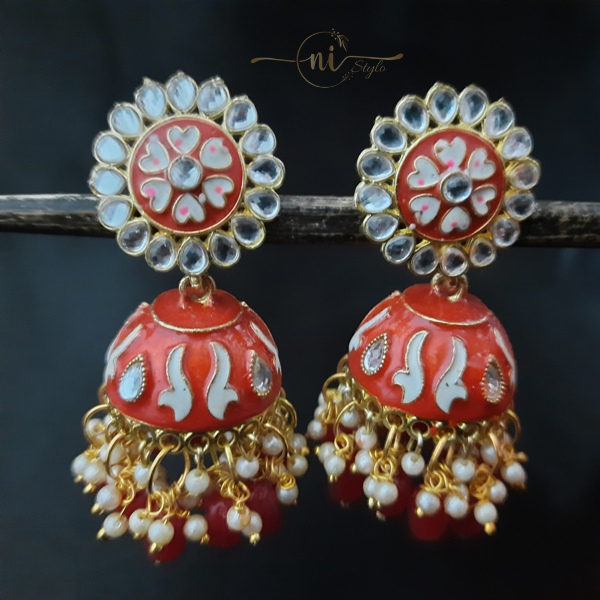 Kundan Meenkari Big Jhumka Drop Red