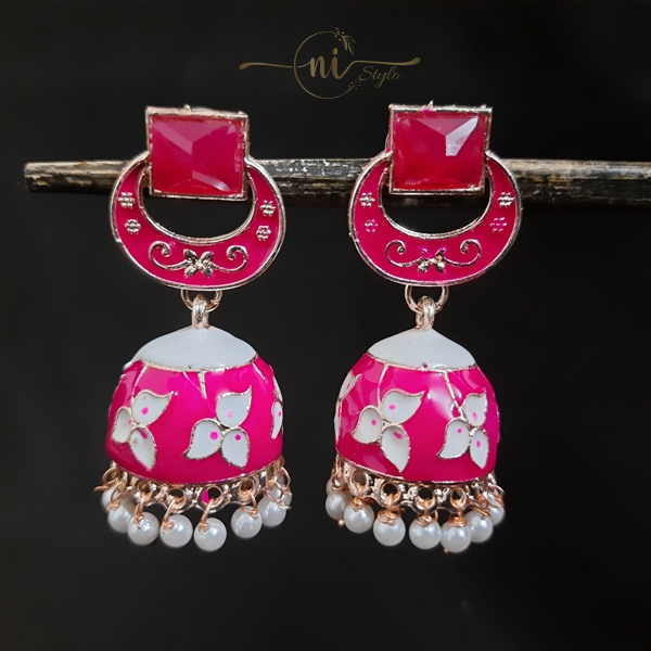 Meenakari Rectangle Crystal Jhumka Magenta