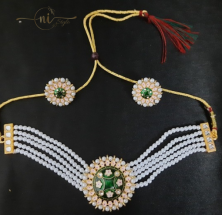 Meenakari White Moti Chocker Set Dark Green