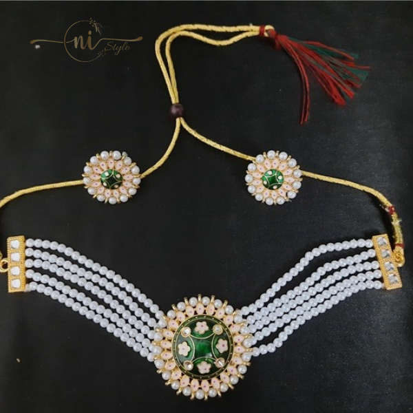 Meenakari White Moti Chocker Set Dark Green