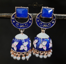 Meenakari Rectangle Crystal Jhumka Royal Blue