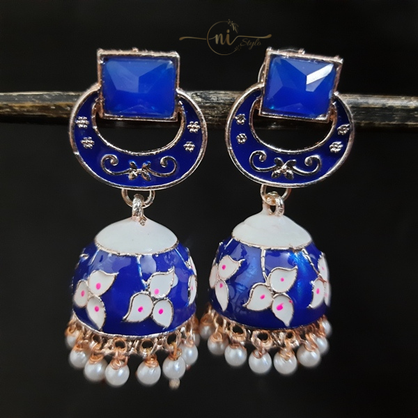 Meenakari Rectangle Crystal Jhumka Royal Blue