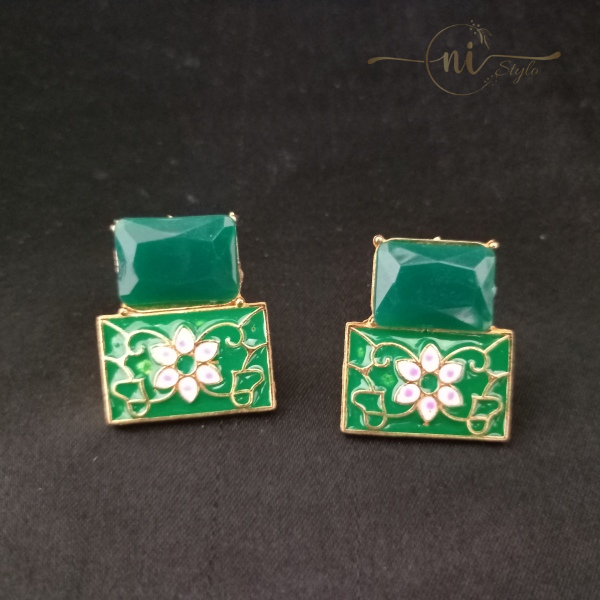 Crystal Meenakari Studs Dark Green