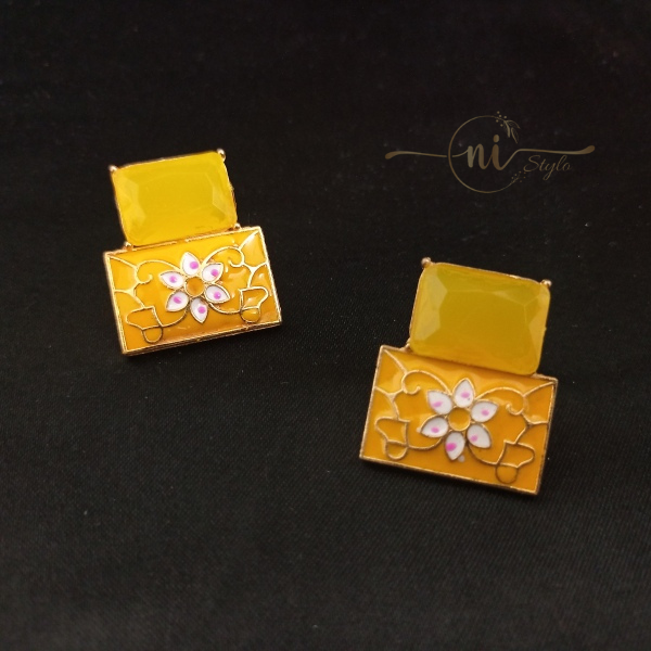 Crystal Meenakari Studs Yellow