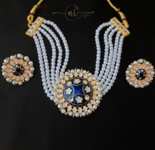 Meenakari White Moti Chocker Set Dark Blue