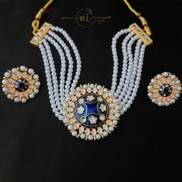 Meenakari White Moti Chocker Set Dark Blue