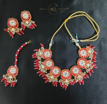 Meenakari Square Necklace Set with Mangtika Red