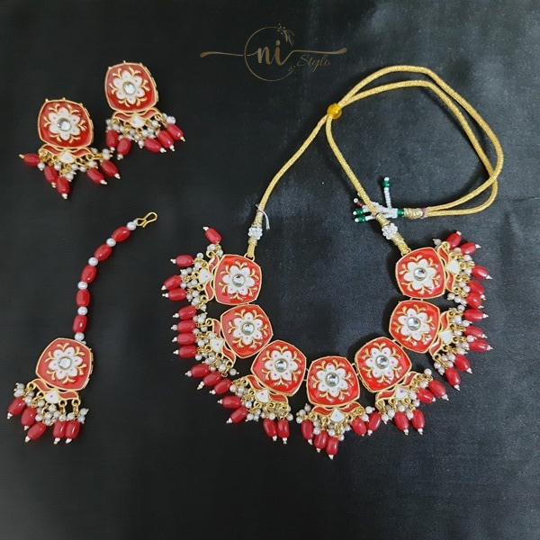 Meenakari Square Necklace Set with Mangtika Red