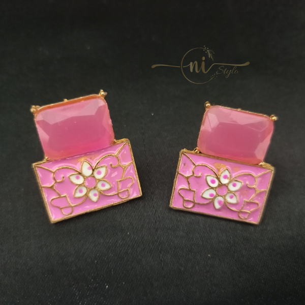 Crystal Meenakari Studs Pink