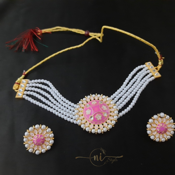 Meenakari White Moti Chocker Set Pink