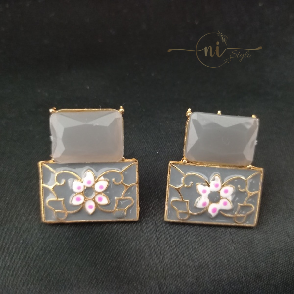 Crystal Meenakari Studs Grey
