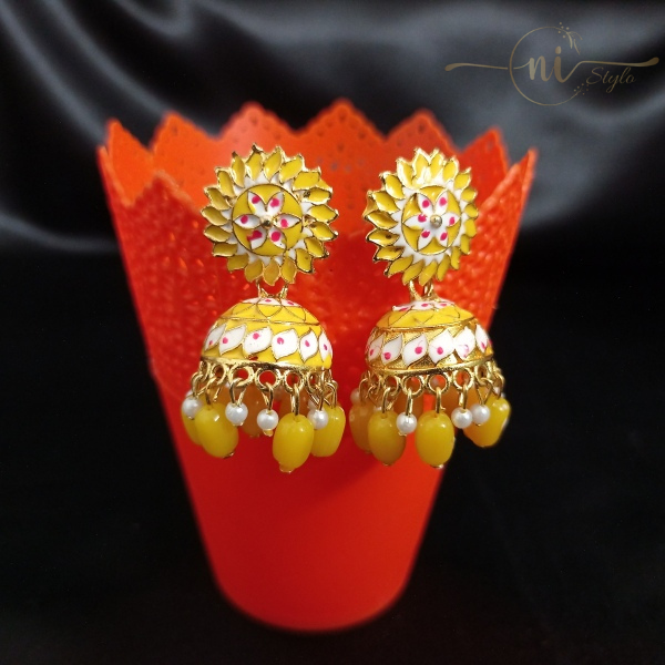 Round Meenakari Jhumka Yellow