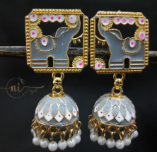 Meenakari Elephant Statement Jhumka Grey